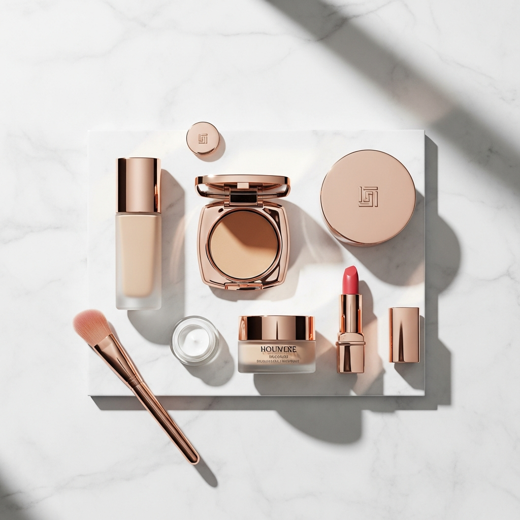 Flatlay mỹ phẩm trên đá cẩm thạch