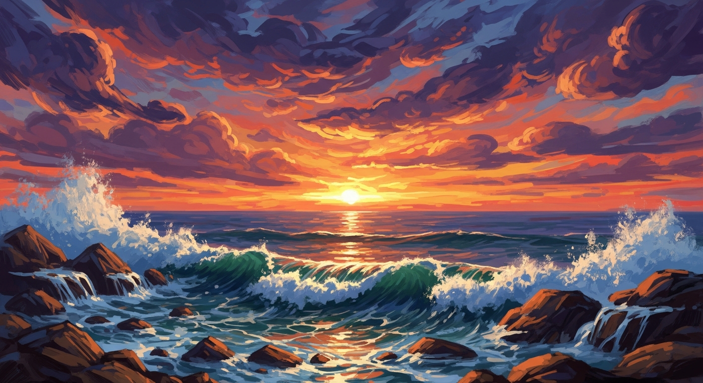 Tranh sơn dầu hoàng hôn biển