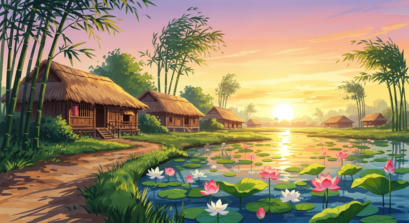 Làng quê Việt Nam phong cách watercolor